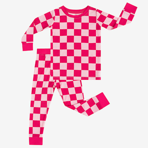 Toddler Bamboo Fiber Rose Red Checkerboard Long Sleeve Top + Pants Set