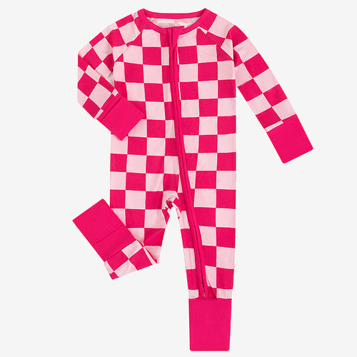 High-end Bamboo Rose Red Checkerboard Print Long Sleeve Newborn Baby Bodysuit