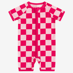 High-End Bamboo Rose Red Checkerboard Short Sleeve Bodysuit for Sensitive Skin