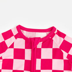 High-End Bamboo Rose Red Checkerboard Short Sleeve Bodysuit for Sensitive Skin