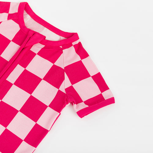 High-End Bamboo Rose Red Checkerboard Short Sleeve Bodysuit for Sensitive Skin