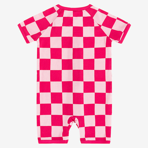 High-End Bamboo Rose Red Checkerboard Short Sleeve Bodysuit for Sensitive Skin