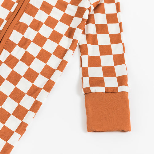 Burnt Orange Checkerboard Pattern Bamboo Romper