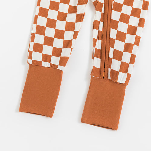 Burnt Orange Checkerboard Pattern Bamboo Romper