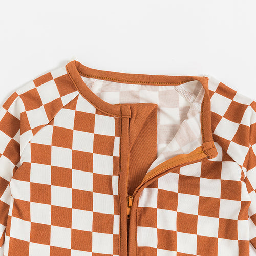 Burnt Orange Checkerboard Pattern Bamboo Romper