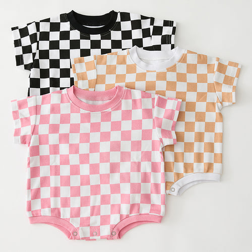 Short Sleeve Bubble Romper Pink Checkerboard