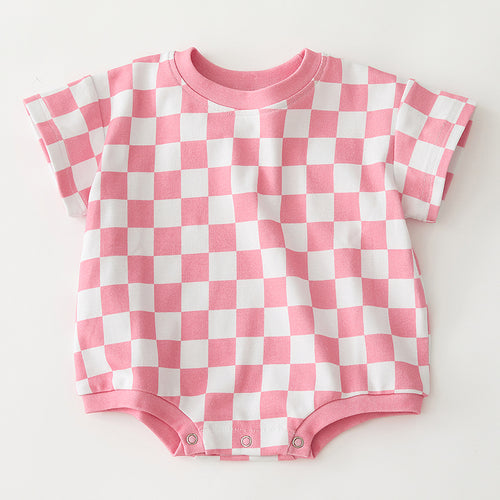 Short Sleeve Bubble Romper Pink Checkerboard