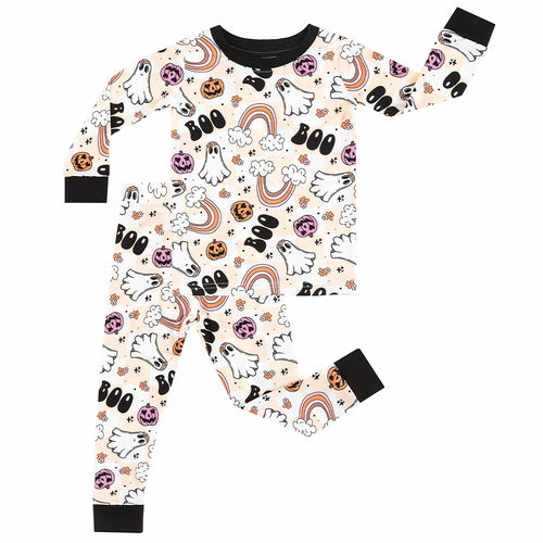 Halloween Pumpkin Ghost Rainbow Kids Bamboo Two-Piece Pajama Set
