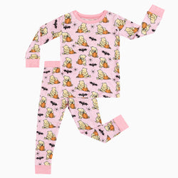 Halloween Bear Pumpkin Print Pink Two-Piece Long Set