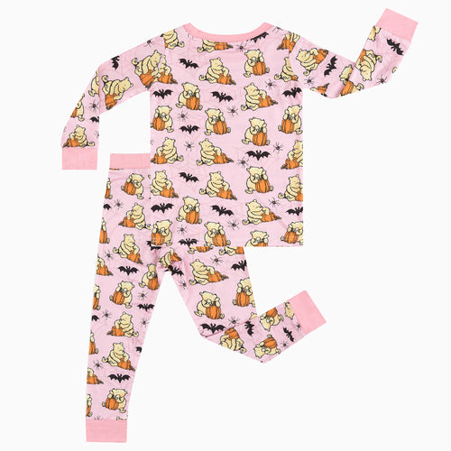 Halloween Bear Pumpkin Print Pink Two-Piece Long Set