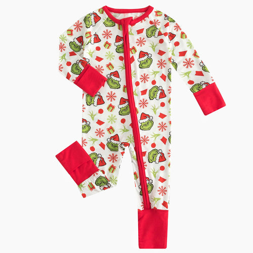 Christmas Green Guy Snowflake Baby Bamboo Zipper Pajama Romper