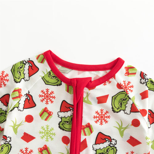 Christmas Green Guy Snowflake Baby Bamboo Zipper Pajama Romper