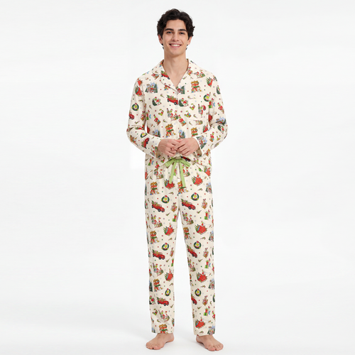 Christmas Green Face Sleigh Gift Ride and Candy Canes Print Bamboo Men's Pajamas Set