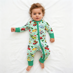 Christmas Little Cars Wheels and Candy Cane Cruise Bamboo Zipper Romper Pajamas