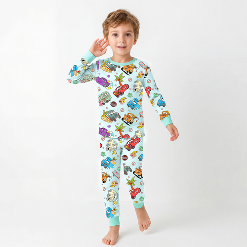Vintage Cars Road Trip Mint Green Kids Two-Piece Pajama Set