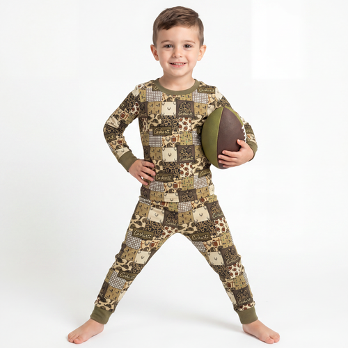 Camo and Football Western Hunting Patchwork Kids Two-Piece Pajama Set