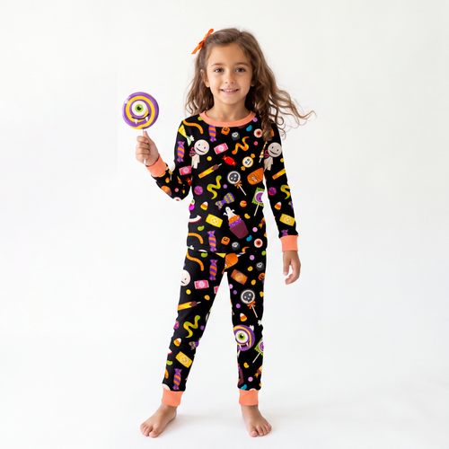 Halloween Spooky Sweet Candy Orange Kids Bamboo Two-Piece Pajama Set