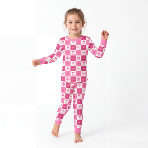 Christmas Cowgirl Checkerboard Kids Bamboo Two-Piece Pajama Set