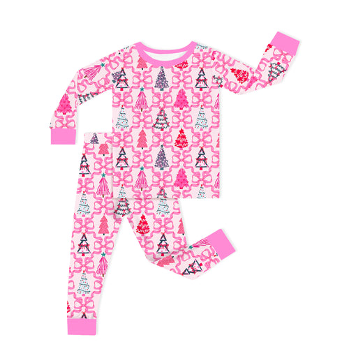 Christmas Coquette Bow Trees Kids Bamboo Two-Piece Pajama Set