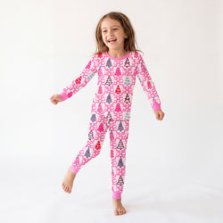 Christmas Coquette Bow Trees Kids Bamboo Two-Piece Pajama Set