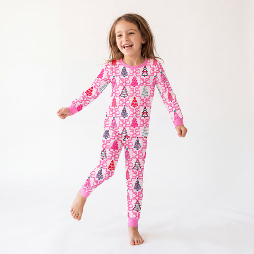 Christmas Coquette Bow Trees Kids Bamboo Two-Piece Pajama Set