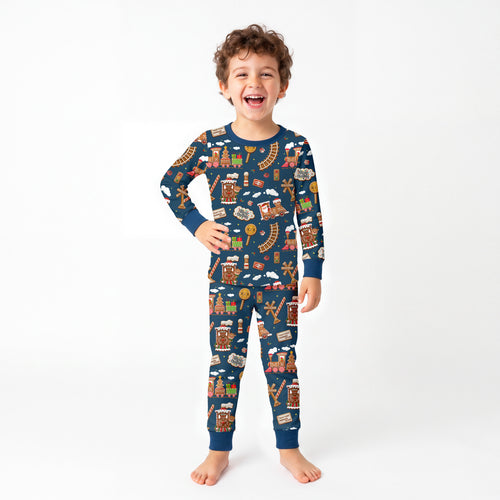 Christmas Gingerbread Train Navy Kids Bamboo Two-Piece Pajama Set