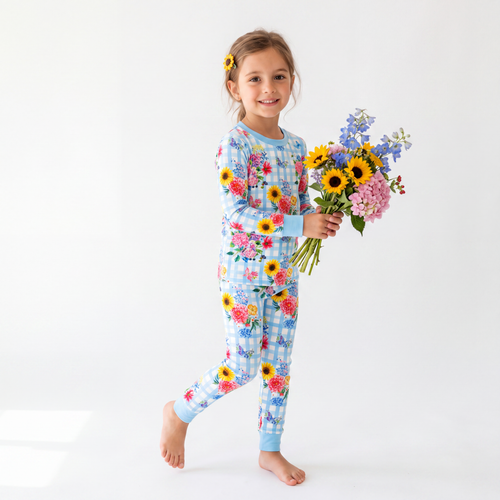 Gingham Garden Bouquet Blue Kids Bamboo Two-Piece Pajama Set