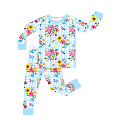 Gingham Garden Bouquet Blue Kids Bamboo Two-Piece Pajama Set