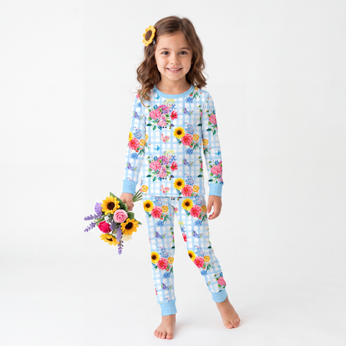 Gingham Garden Bouquet Blue Kids Bamboo Two-Piece Pajama Set