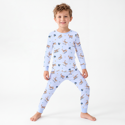 Skateboarding Leopard Blue Kids Bamboo Two-Piece Pajama Set