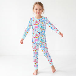 Ocean Coastal Blooms Blue Kids Bamboo Two-Piece Pajama Set