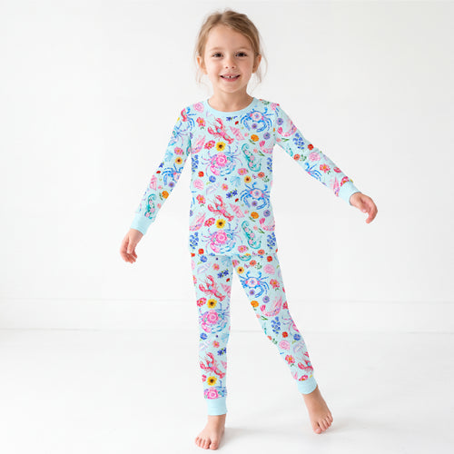 Ocean Coastal Blooms Blue Kids Bamboo Two-Piece Pajama Set