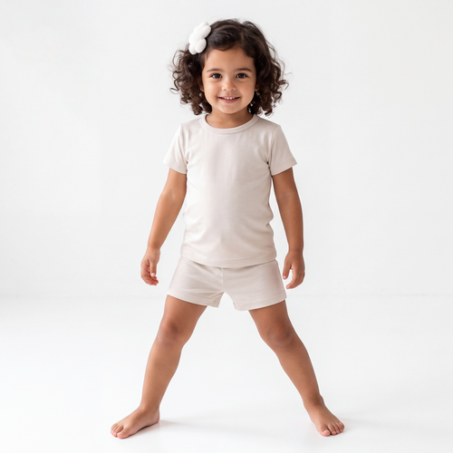 Oat Milk Solid Kids Bamboo Two-Piece Pajama Short Sleeve Set