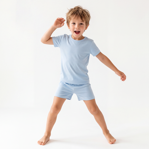 Solid Sky Blue Kids Bamboo Two-Piece Pajama Short Sleeve Set
