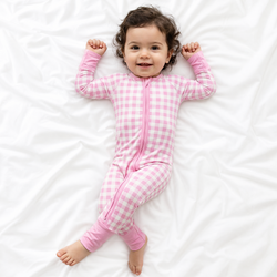Pink Blush Check Sweet Dreams Bamboo Zipper Romper Pajamas