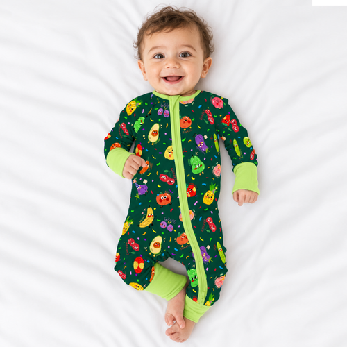 Bountiful Fruit Cherry and Banana Nighttime Bamboo Zipper Romper Pajamas