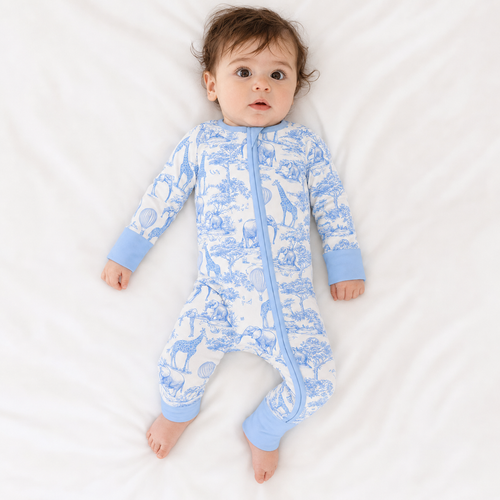Safari Animal Jungle Sketch Blue Bamboo Zipper Romper Pajamas