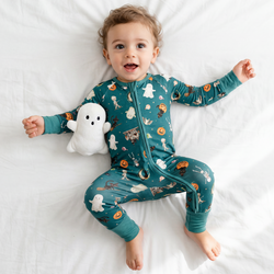 Halloween Spooky Ghost Pumpkin Patch Bamboo Zipper Romper Pajamas