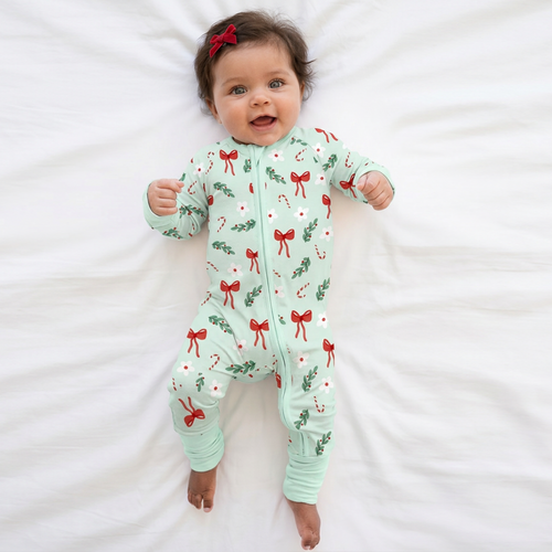 Christmas Bows and Candy Cane Garden Bamboo Zipper Romper Pajamas