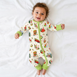 Christmas Green Face Sleigh Gift Ride and Candy Canes Bamboo Zipper Romper Pajamas