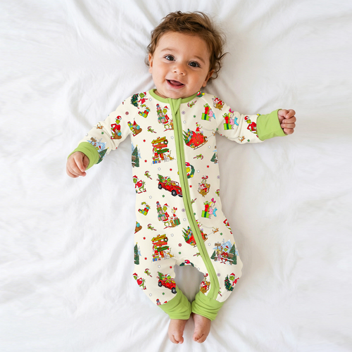 Christmas Green Face Sleigh Gift Ride and Candy Canes Bamboo Zipper Romper Pajamas