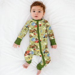 Summer Forest Camping Cars Bamboo Zipper Romper Pajamas