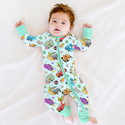 Vintage Cars Road Trip Mint Green Bamboo Zipper Romper Pajamas