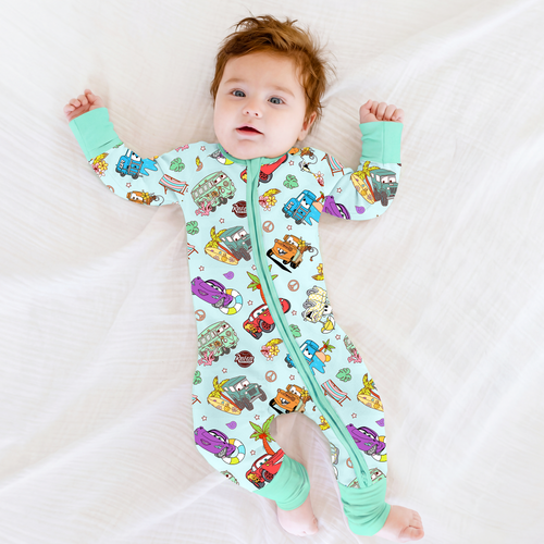 Vintage Cars Road Trip Mint Green Bamboo Zipper Romper Pajamas