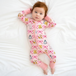 Sunny Bear and Pig Friends Bow Bamboo Zipper Romper Pajamas
