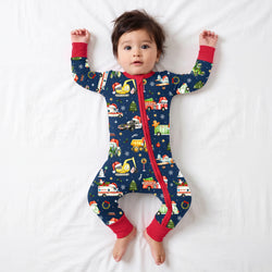 Christmas Winter Trucks Ride Adventure Red Bamboo Zipper Romper Pajamas
