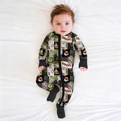 Halloween Western Cowboy Patchwork Bamboo Zipper Romper Pajamas