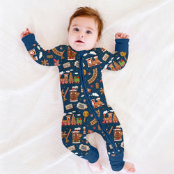 Christmas Gingerbread Train Navy Bamboo Zipper Romper Pajamas