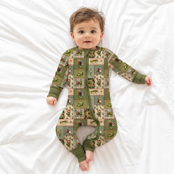 Christmas Cabin Patchwork Bamboo Zipper Romper Pajamas