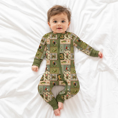 Christmas Cabin Patchwork Bamboo Zipper Romper Pajamas